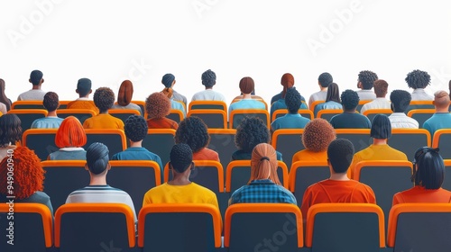 In a public event, seminar, audience is seen sitting on chairs at the back of the auditorium. Back of the auditorium is shown in a flat modern illustration isolated on a white background.