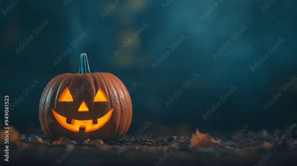 Naklejka premium A cheerful Halloween pumpkin lantern glows in the dark, surrounded by leaves, creating a magical autumn atmosphere.