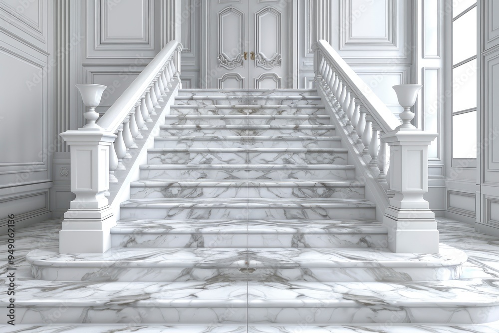 Fototapeta premium Elegant White Marble Staircase in a Luxurious Mansion