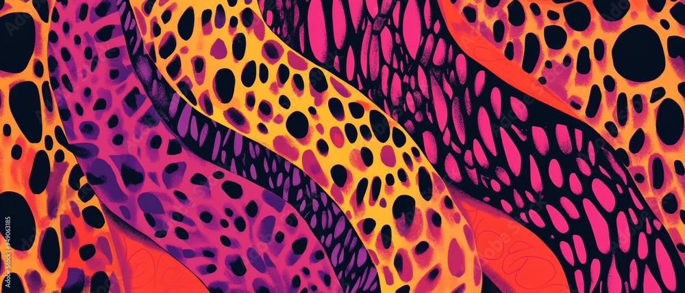 A colorful, abstract painting of a snake with a pattern of dots and stripes