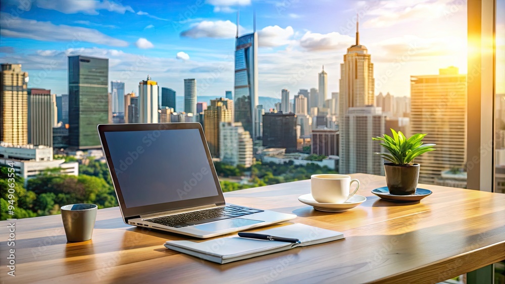 Modern office table with sleek laptop, notebook, and coffee cup against a vibrant cityscape backdrop, showcasing a busy yet organized work environment. Modern office table with sleek laptop, notebook, and coffee cup against a vibrant cityscape backdrop, showcasing a busy yet organized work environment.