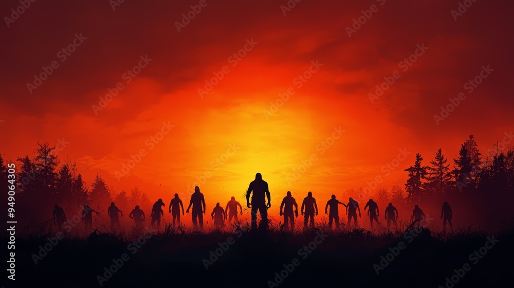 A chilling sunset scene with eerie silhouettes of figures in a forest, evoking a sense of mystery and intrigue. A chilling sunset scene with eerie silhouettes of figures in a forest, evoking a sense of mystery and intrigue.