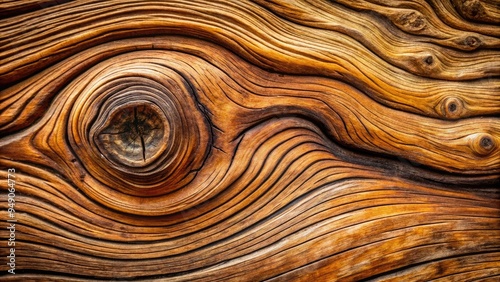 Natural, rustic wood grain pattern with intricate knots and swirling fibers, showcasing the organic beauty of a weathered wooden surface in high detail. photo