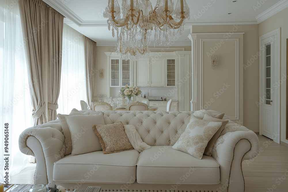 Fototapeta premium Elegant living room with a cream-colored linen sofa, crystal chandelier, and classic, timeless decor