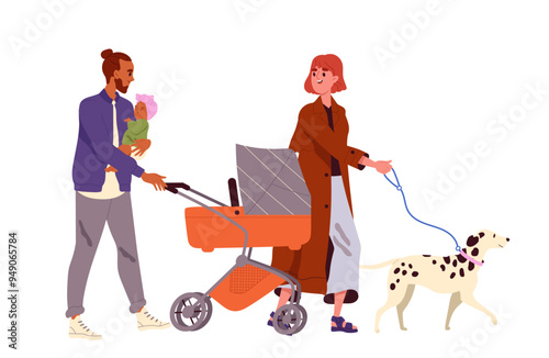 Parents with baby stroller. Man with toddler and woman with dog. Parenthood and childhood. Father care about kid. Poster or banner. Flat vector illustration isolated on white background