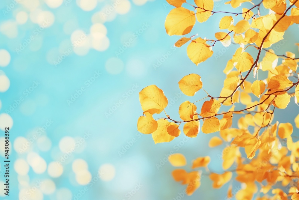 Golden autumn leaves softly swaying against a serene blue background in a tranquil outdoor setting Golden autumn leaves softly swaying against a serene blue background in a tranquil outdoor setting