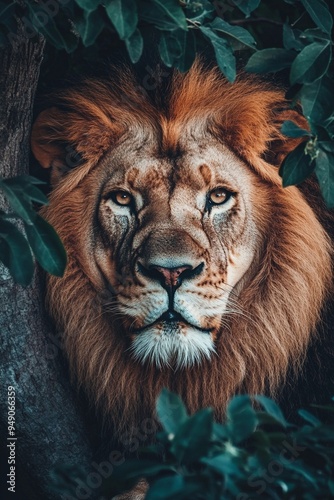 Majestic Lion Portrait in Lush Greenery - Wildlife Close-Up Photography