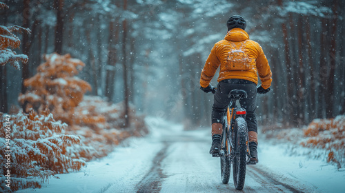 Cyclist riding a bike on a snowy forest road in winter, orange jacket standing out in the cold. Outdoor adventure, cycling, winter sports, active lifestyle, snowfall