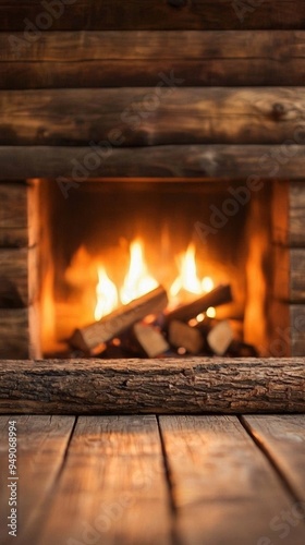 A cozy fireplace with warm flames glowing, surrounded by rustic wooden logs, creating a serene and inviting atmosphere.