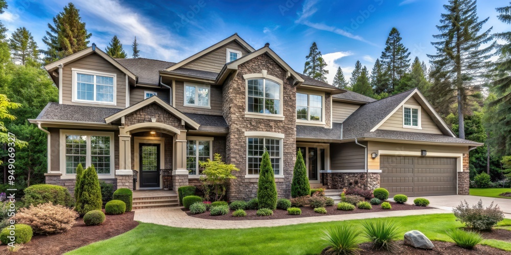 Exterior view of a stunning two-story Northwest home with beautiful architecture and landscaping, Northwest, home Exterior view of a stunning two-story Northwest home with beautiful architecture and landscaping, Northwest, home