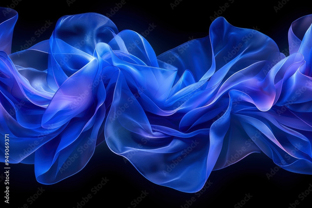 Abstract Blue Silk Fabric Swirling on Black Background
