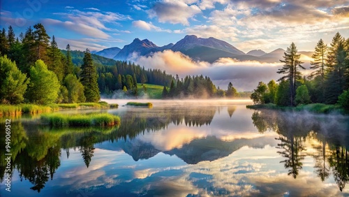 Serene morning mist veils a tranquil lake in a protected nature reserve, surrounded by lush green forests and majestic mountains in the distance.