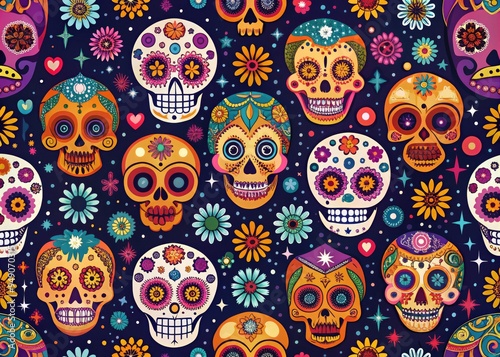 Halloween seamless pattern geometric sugar skulls Dia de los Muertos Mexican folklore colorful