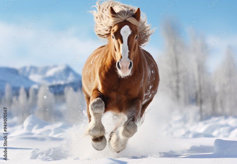 Fototapeta premium Horse galloping gracefully in the snow. Winter time