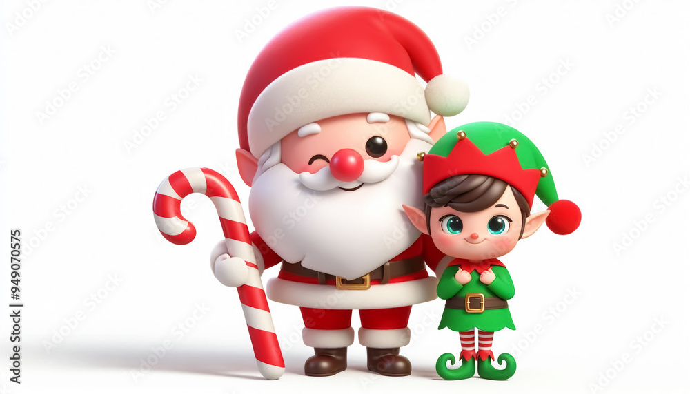 Funny Christmas cartoon of cute elf with santa claus on white background Funny Christmas cartoon of cute elf with santa claus on white background