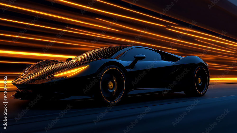 Fototapeta premium A sleek black sports car races through a tunnel of glowing lights. The car's speed creates a blur of color and motion.
