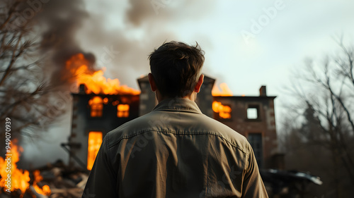 Back view of man standing in front of burning building. generative AI