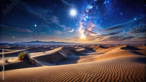 Silky dark blue night sky studded with twinkling stars above a serene desert landscape, with subtle moonlight casting an ethereal glow on sandy dunes. photo