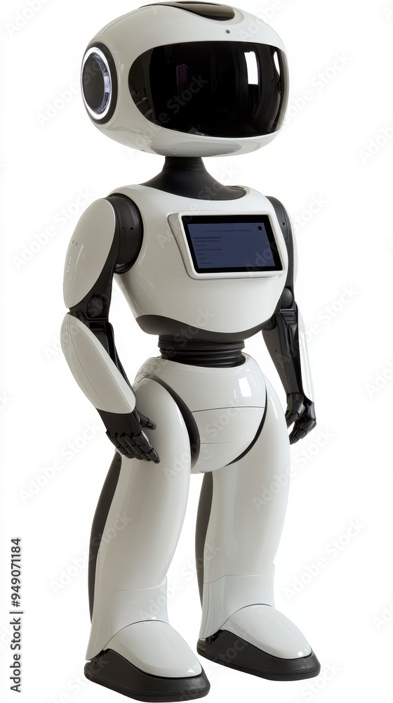 The robotic assistant with a screen stands still in a contemporary office, demonstrating cutting-edge technology designed to assist humans The robotic assistant with a screen stands still in a contemporary office, demonstrating cutting-edge technology designed to assist humans