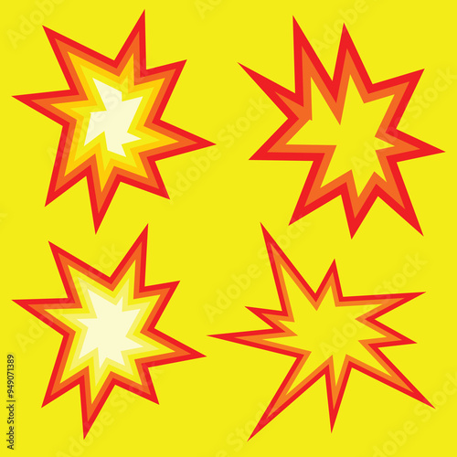 Set of Cartoon effect explosions or Sparkle Star Icon, Burst Border 
