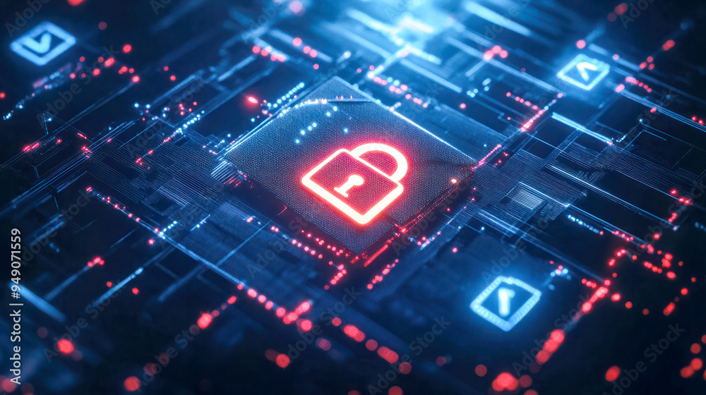 Digital security concept with a glowing padlock icon on a futuristic circuit board, representing data protection and cybersecurity Digital security concept with a glowing padlock icon on a futuristic circuit board, representing data protection and cybersecurity