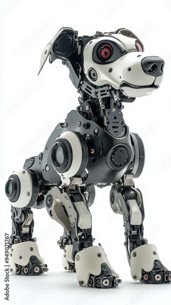 A robotic dog equipped with advanced sensors stands upright, exploring its high-tech surroundings in clear daylight A robotic dog equipped with advanced sensors stands upright, exploring its high-tech surroundings in clear daylight