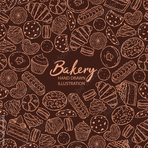 Vector backery and confectionery template. Hand drawn donuts, cupcakes, macarons, croissant cookies and other sweets