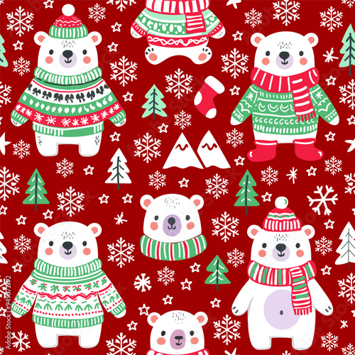 Christmas seamless pattern, Polar bear and snowflackes, pintree. Cute cartoon character for holiday wrapping paper. Vector pattern for kids. photo
