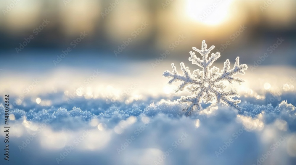 A single snowflake is shown in the middle of a snowy field, AI A single snowflake is shown in the middle of a snowy field, AI