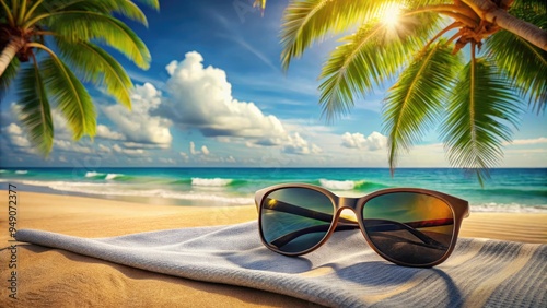 Stylish sunglasses rest on a sun-kissed beach towel amidst swaying palm trees, with turquoise ocean waves and warm sandy dunes fading into a serene tropical horizon. photo