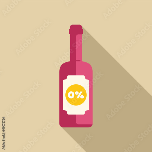 Non alcoholic wine bottle with zero percent sign showing no alcohol content, long shadow design