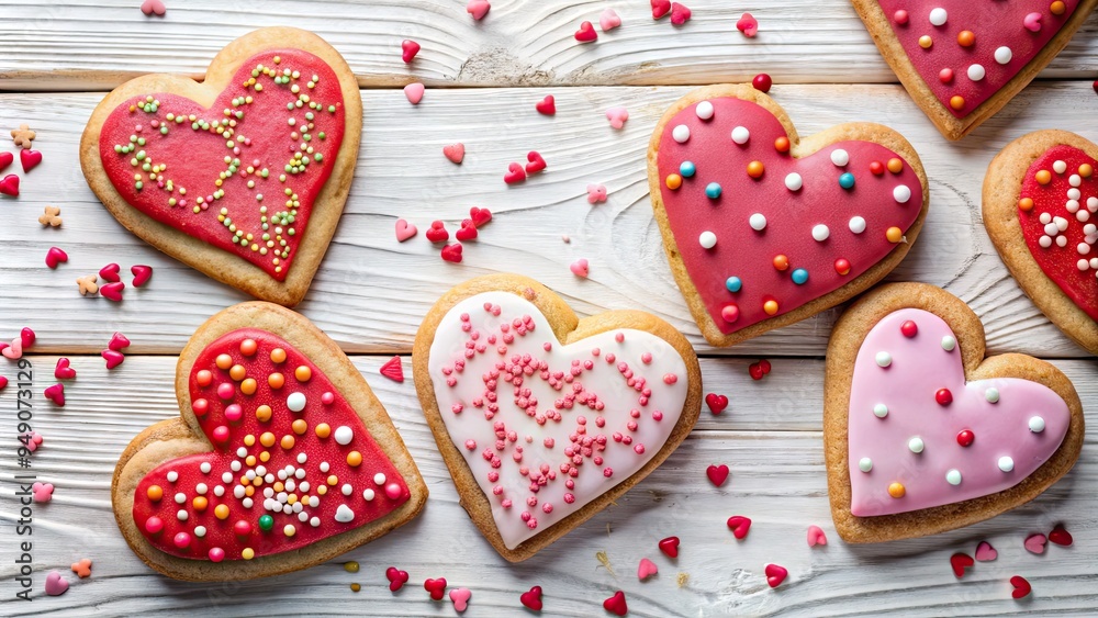 Fototapeta premium heart-shaped cookies with pink and red frosting, decorated with sprinkles and arranged on a white wooden background.