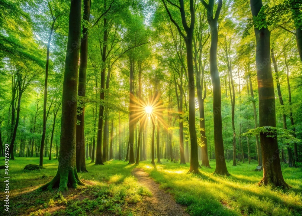 hereautiful green forest scenery sun shining through leaves of tall trees concept warm gentle peaceful nature escape serene calming sunny daylight hereautiful green forest scenery sun shining through leaves of tall trees concept warm gentle peaceful nature escape serene calming sunny daylight