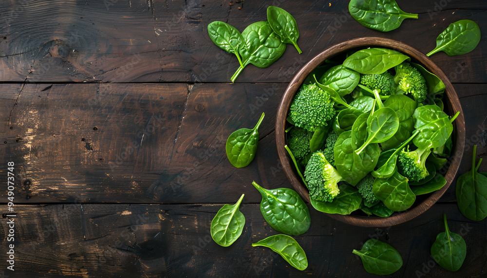 Fresh broccoli with spinach in bowl on wooden table close up Fresh broccoli with spinach in bowl on wooden table close up
