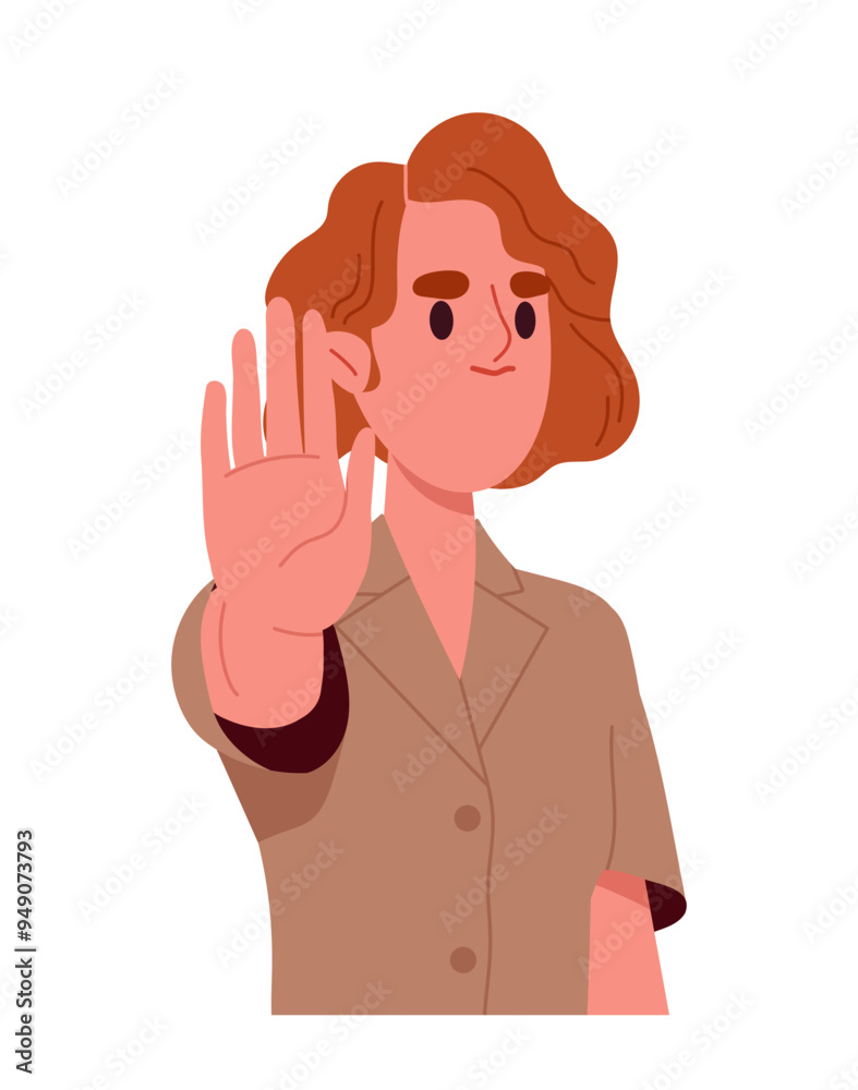 Person shows hand gesture. Man with facial expression and emotions. Girl show stop sign. Communication and interaction. Character say no. Flat vector illustration isolated on white background Person shows hand gesture. Man with facial expression and emotions. Girl show stop sign. Communication and interaction. Character say no. Flat vector illustration isolated on white background