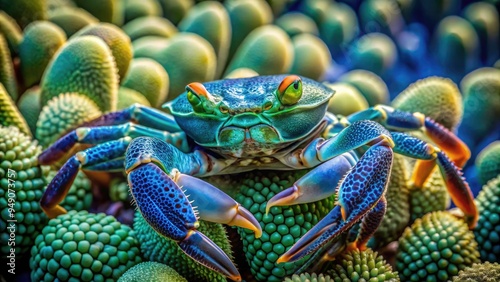 Vibrant blue-green crab perches on coral reef formations, showcasing intricate details and delicate patterns. photo