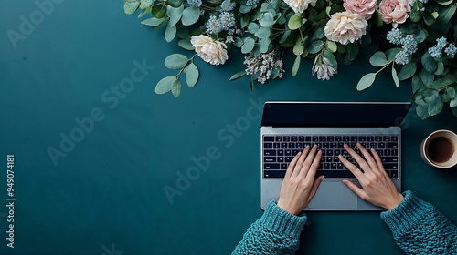 person working with laptop near flowers