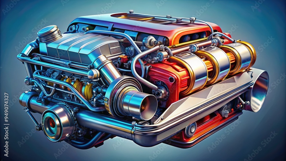 High-speed illustration of a sleek, aerodynamic race car engine with ...