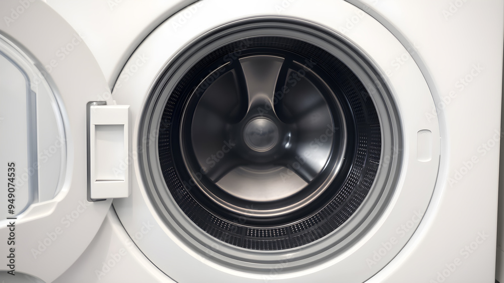 Close up of door of empty white washing machine. Generative AI Close up of door of empty white washing machine. Generative AI