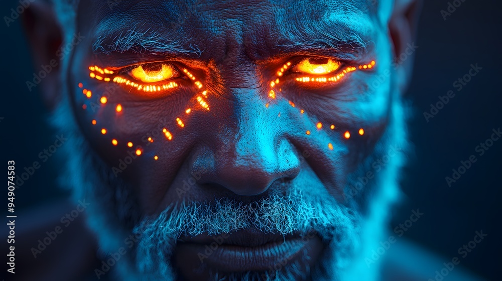 Portrait of an old man with glowing orange and blue face paint in the dark Portrait of an old man with glowing orange and blue face paint in the dark