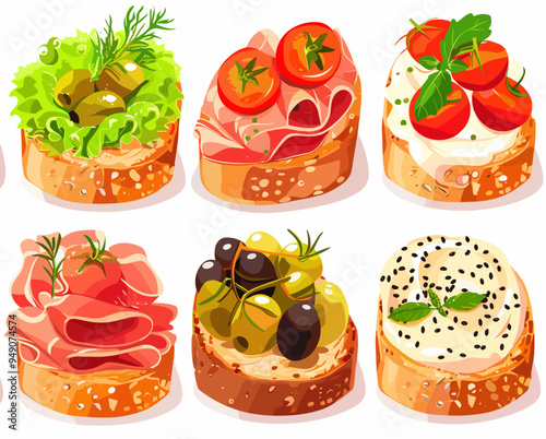 Vector set of bruschettas with olives, tomatoes, prosciutto and cheese.