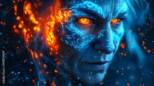 Portrait of an old man with glowing orange and blue face paint in the dark