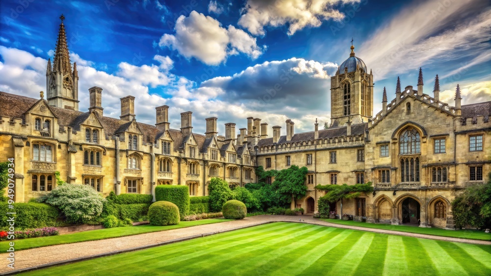 Historic Oxford University college with ornate stone façade, grand entrance, and sprawling quadrangle, surrounded by lush greenery and serene atmosphere. Historic Oxford University college with ornate stone façade, grand entrance, and sprawling quadrangle, surrounded by lush greenery and serene atmosphere.