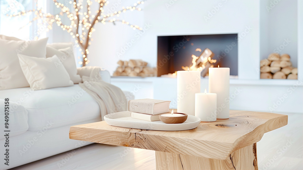 Wooden table with candles and decor in modern interior design for cozy atmosphere