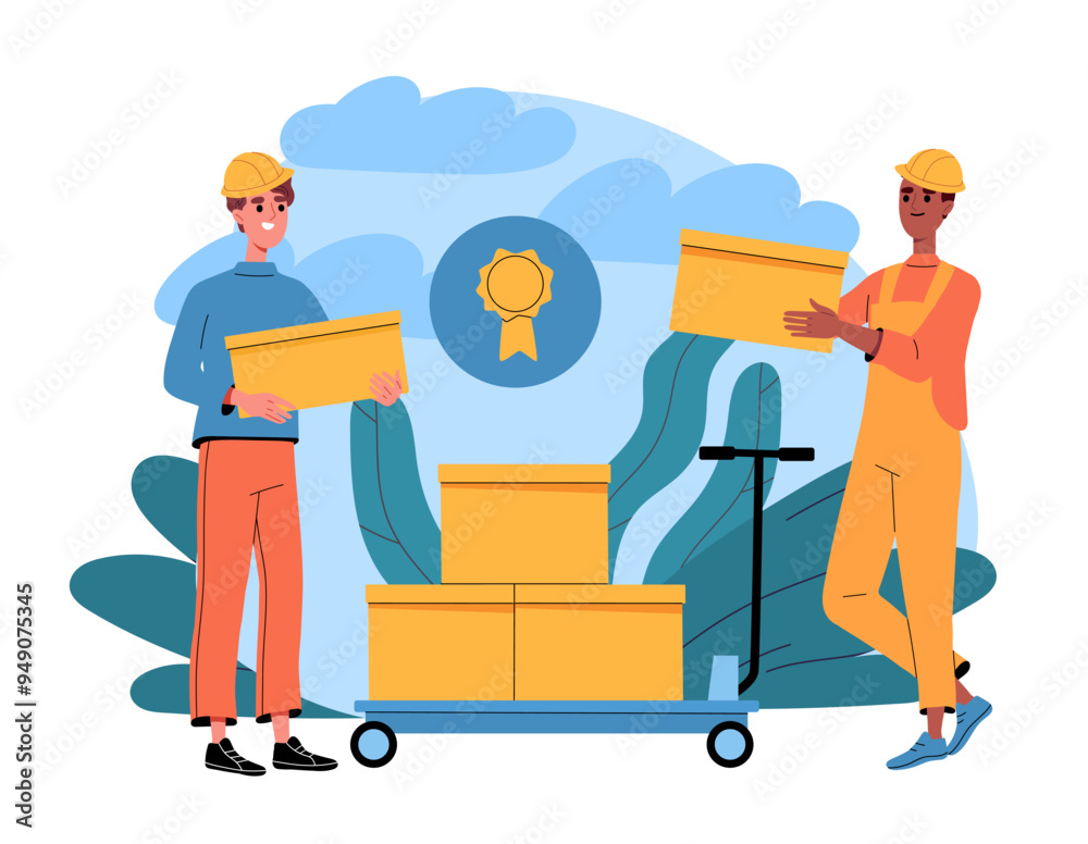 People with cardboard boxes. Loaders with packages. Warehouse workers with distribution. Logistics and shipping, transportation. Flat vector illustration isolated on white background People with cardboard boxes. Loaders with packages. Warehouse workers with distribution. Logistics and shipping, transportation. Flat vector illustration isolated on white background