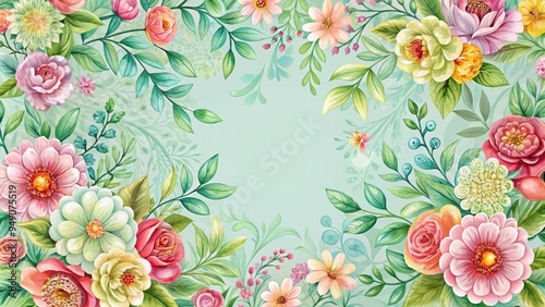 Vibrant floral blooms in soft hues adorn an ornate, hand-drawn border, accented with delicate foliage and swirling patterns, perfect for elegant designs and stationery.