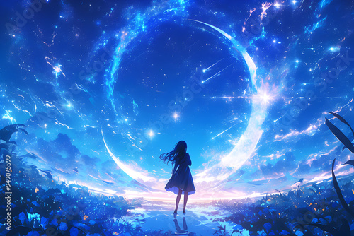 Girl dancing under a starry night sky with twinkling lights and a crescent moon. Anime style, Cozy vibes photo