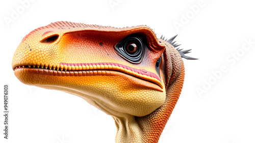 Close up of head of Gallimimus dinosaur on white background. Generative AI