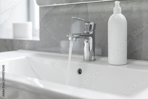 Liquid soap bottle on white washbasin at home in bathroom, pouring water, flowing from the tap