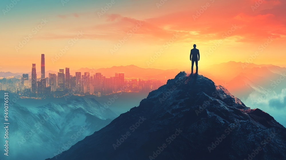 Conquering Heights: Businessperson Symbolizing Strength and Power on Mountain Peak with City Skyline - Business Success Concept with Copy Space Conquering Heights: Businessperson Symbolizing Strength and Power on Mountain Peak with City Skyline - Business Success Concept with Copy Space